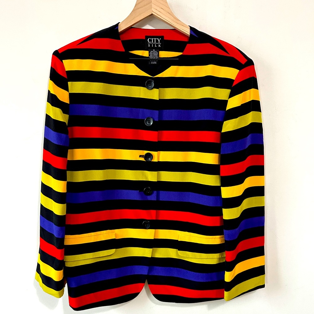 Colorful Multicolor Striped Silk Button Down Blazer Jacket By City Silk Size 10